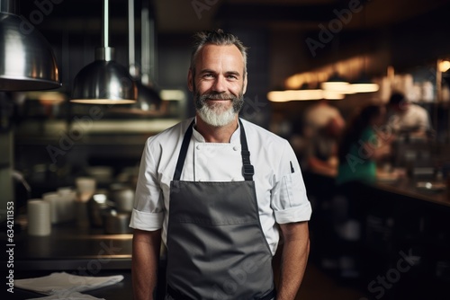 Middle aged swedish caucasian chef working in a restaurant kitchen smiling portrait © NikoG