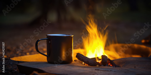 Lifestyle photograph of a simple matte metal coffee mug by the campfire. Creative wallpaper for camping and camping equipment and utensils.