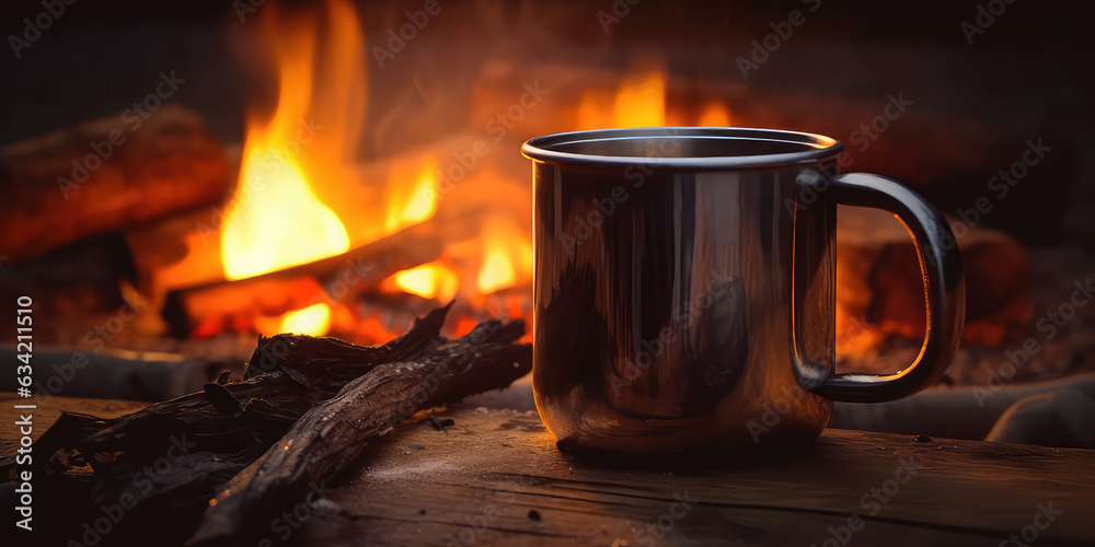Lifestyle photograph of a simple matte metal coffee mug by the campfire. Creative wallpaper for camping and camping equipment and utensils. Lifestyle photograph of a simple matte metal coffee mug by the campfire. Creative wallpaper for camping and camping equipment and utensils.