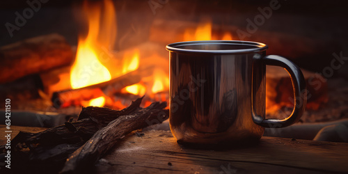 Lifestyle photograph of a simple matte metal coffee mug by the campfire. Creative wallpaper for camping and camping equipment and utensils.