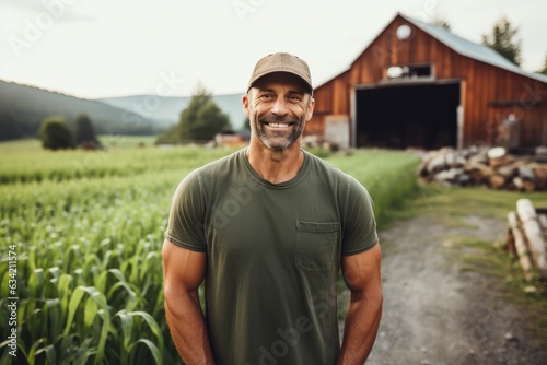 Portrait of a smilimg middle aged caucasian farmer on his farm field photo