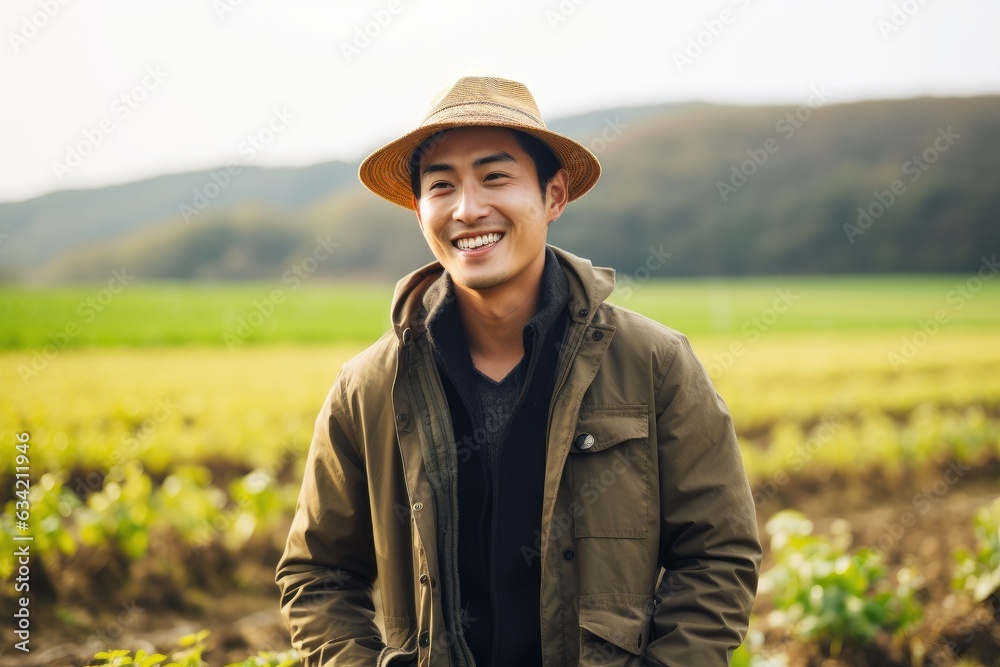 Young male asian farmer smiling on a farm field portrait