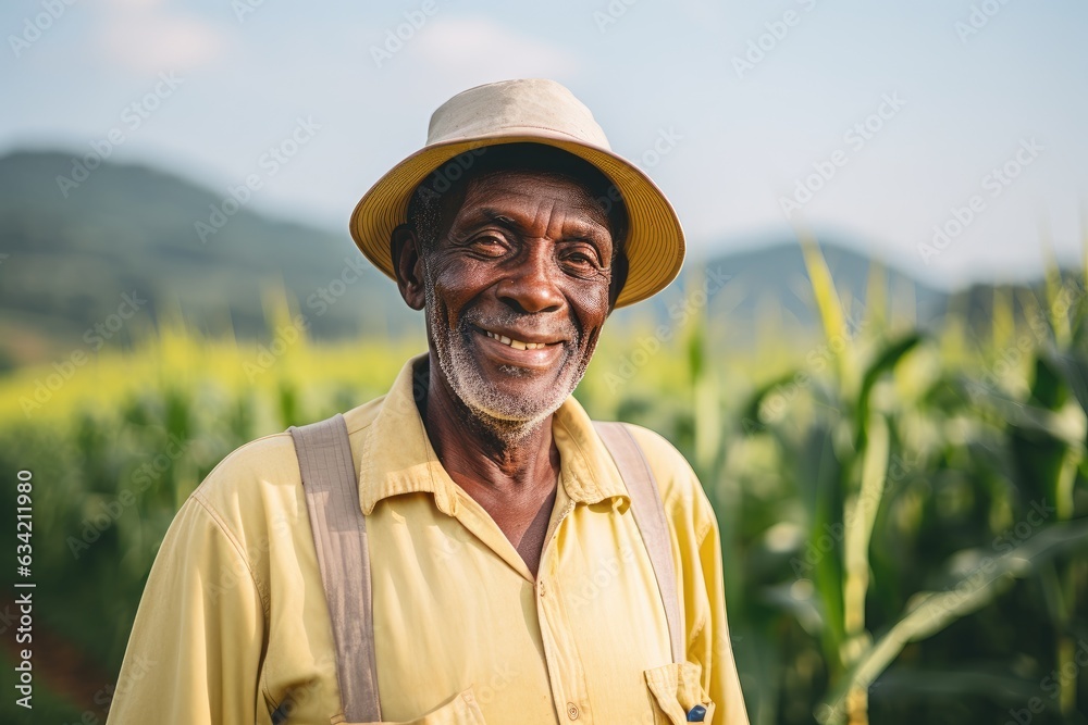 Senior male african american farmer smiling portrait on his farm field