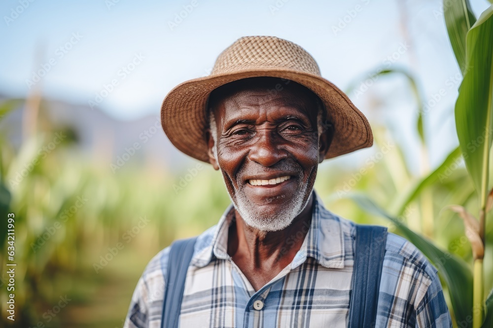 Senior male african american farmer smiling portrait on his farm field