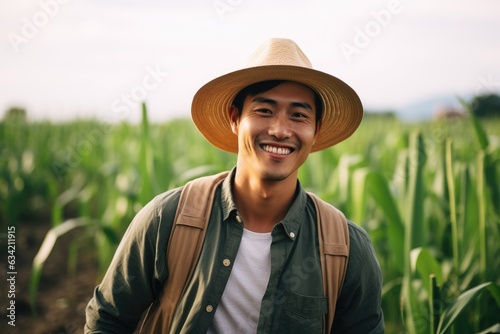 Young male chiense farmer smiling on a farm field portrait photo