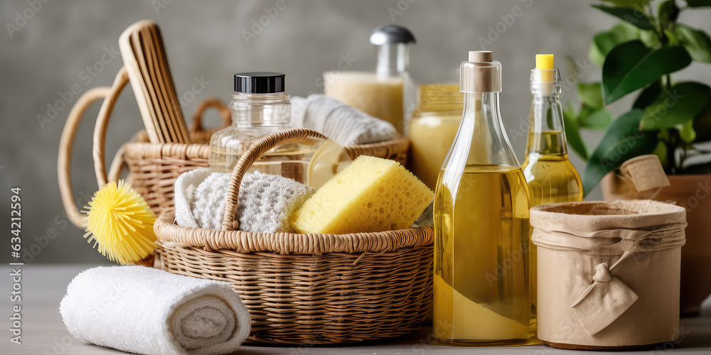Natural Cleaning Products. Brushes, sponges, rubber gloves and natural cleaning products in the basket. Eco - friendly cleaning products concept. Natural Cleaning Products. Brushes, sponges, rubber gloves and natural cleaning products in the basket. Eco - friendly cleaning products concept.