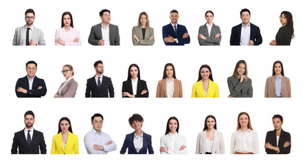 Collage with photos of different businesspeople on white background