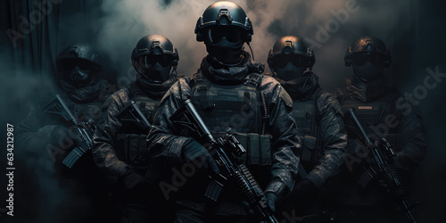 Soldiers in their uniforms standing in shadow, smokey dark background. Creative Army enlistment, militia, war and mobilization banner. © dinastya