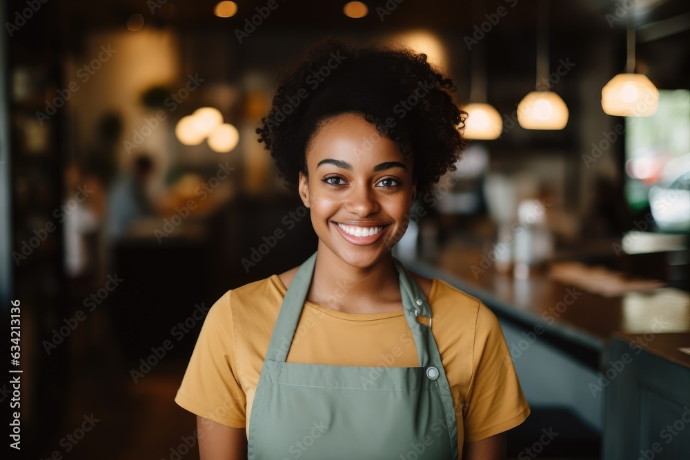 Young female african american waitress working in a cafe bar in the city Young female african american waitress working in a cafe bar in the city