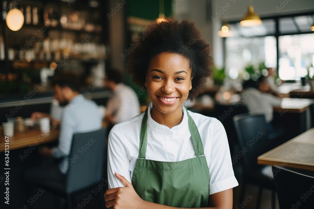 Young female african american bartender working in a cafe bar in the city Young female african american bartender working in a cafe bar in the city
