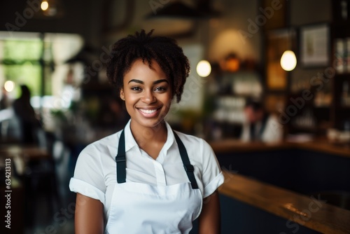 Young female african american waitress working in a cafe bar in the city