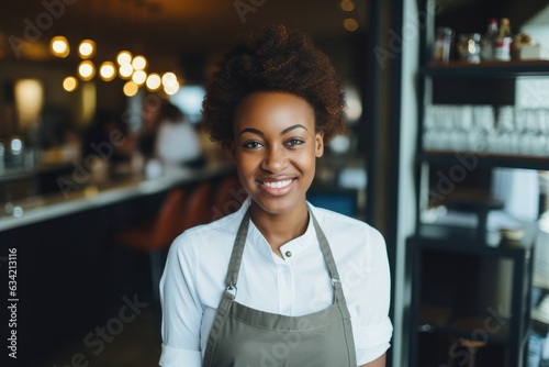 Young female african american waitress working in a cafe bar in the city