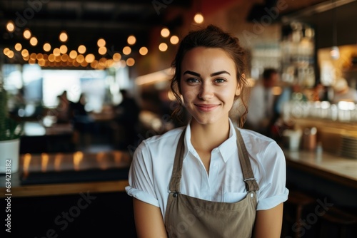 Portrait of a young female bartender working in a cafe bar in the city