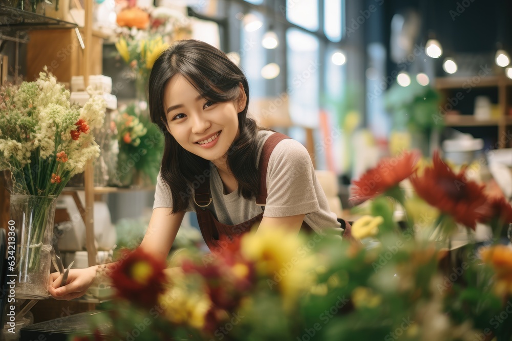 Young asian woman working in a flower shop selling flowers