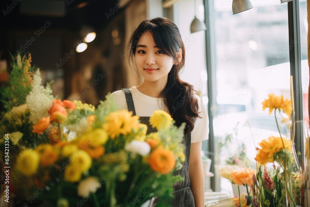 Young asian woman working in a flower shop selling flowers