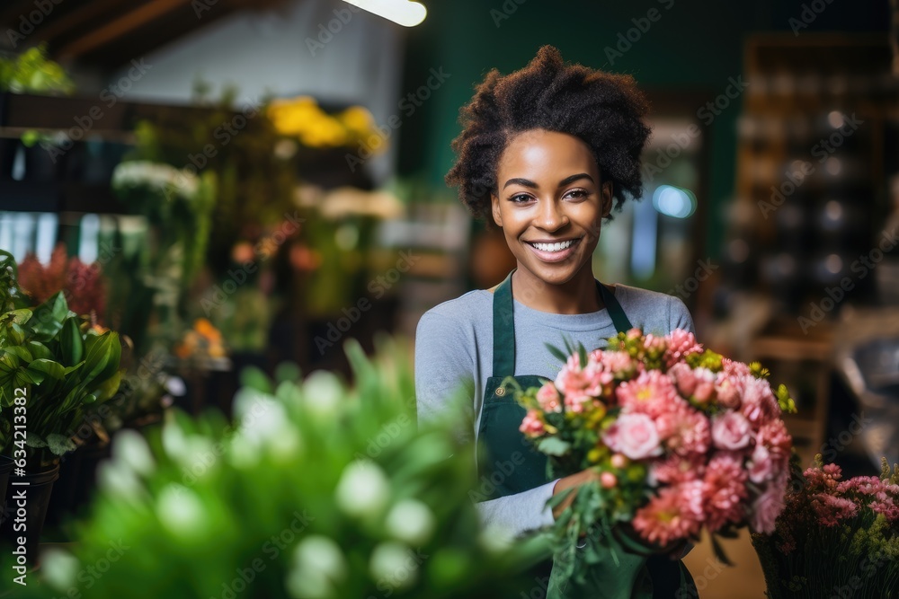 Young woman of african ethnicity working in a flower shop Young woman of african ethnicity working in a flower shop