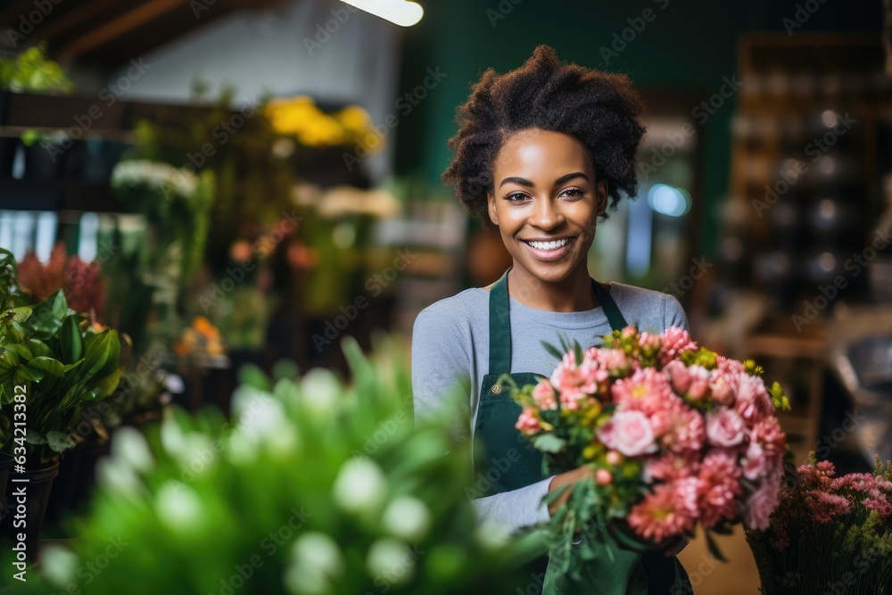 Young woman of african ethnicity working in a flower shop