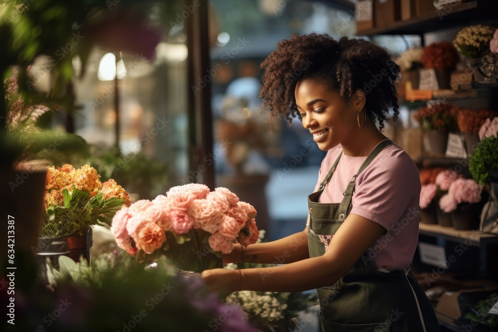 Fototapeta premium Young woman of african ethnicity working in a flower shop