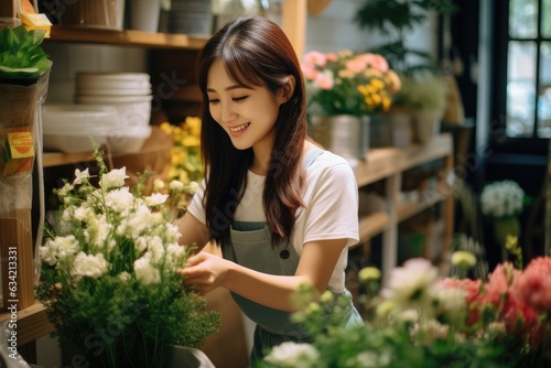 Young chinese woman working in a flower shop selling flowers