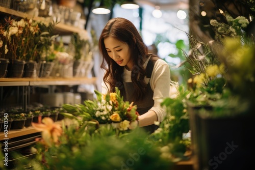 Young chinese woman working in a flower shop selling flowers