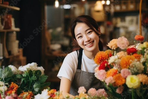 Young asian woman working in a flower shop selling flowers © Baba Images