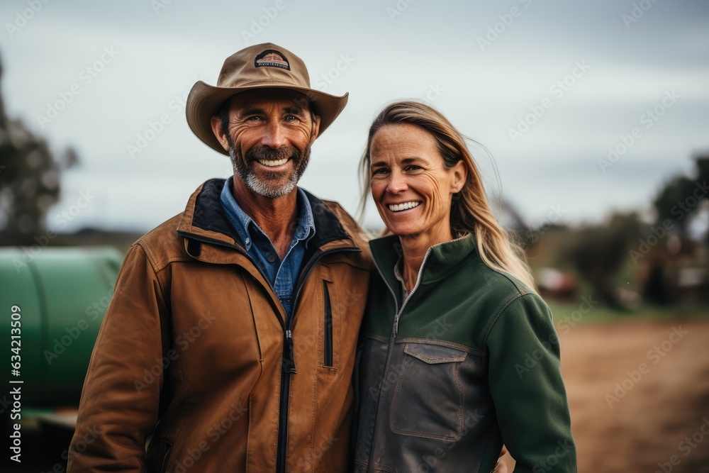 Middle aged caucasian couple living on a ranch in the countryside in the USA smiling portrait