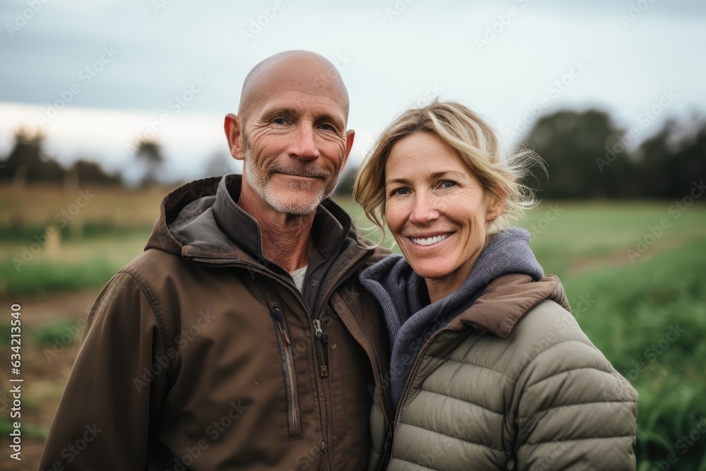 Middle aged caucasian couple living on a farm in the countryside smiling portrait