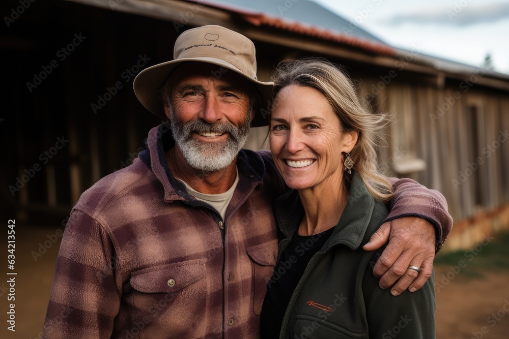 Middle aged caucasian couple living on a farm in the countryside smiling portrait Middle aged caucasian couple living on a farm in the countryside smiling portrait