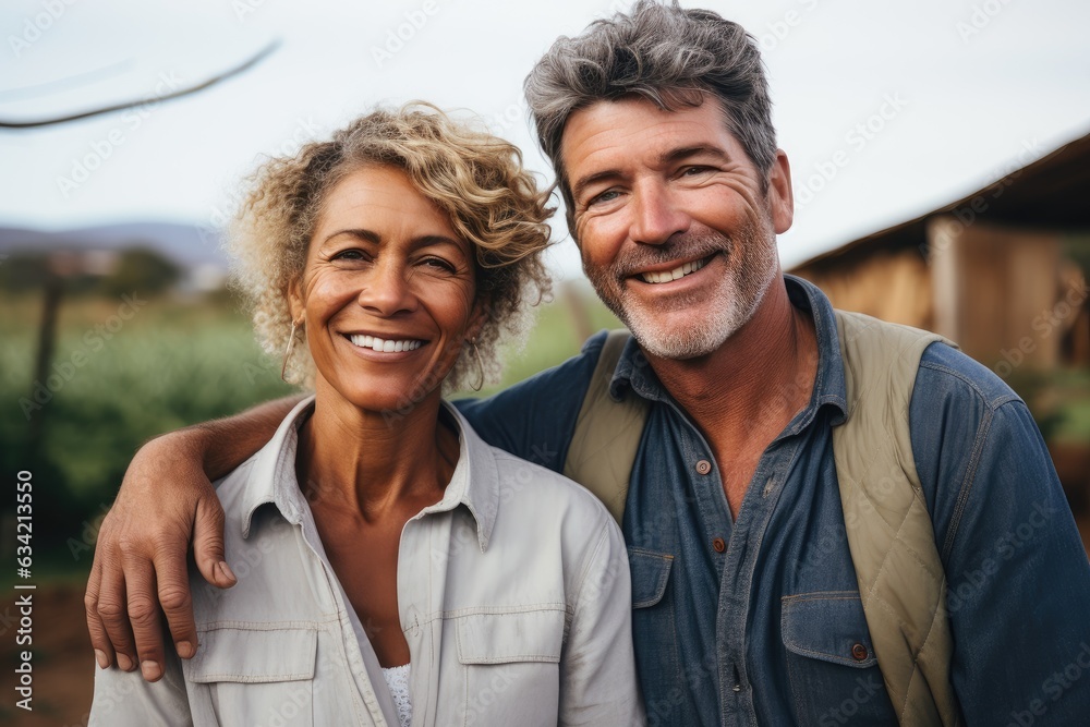 Middle aged caucasian couple living on a farm in the countryside smiling portrait Middle aged caucasian couple living on a farm in the countryside smiling portrait