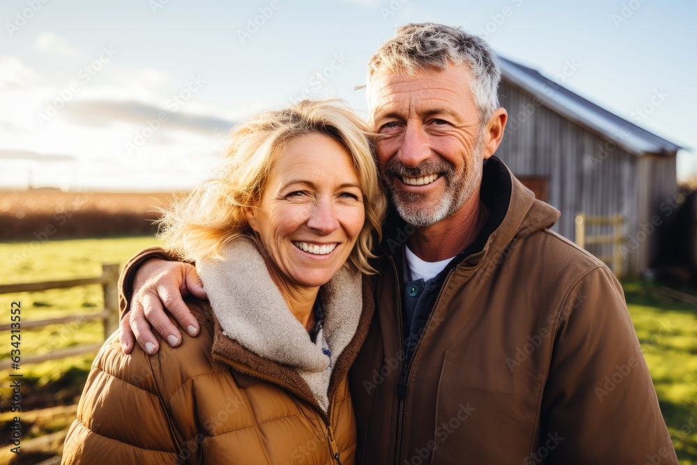 Middle aged caucasian couple living on a farm in the countryside smiling portrait Middle aged caucasian couple living on a farm in the countryside smiling portrait