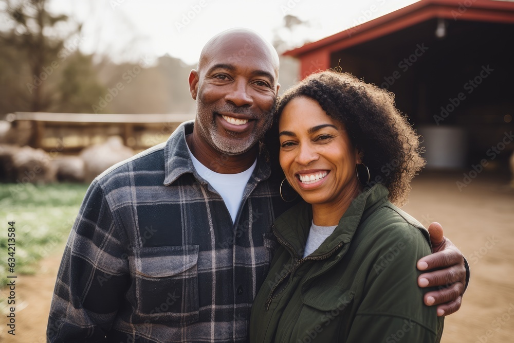 Naklejka premium Middle aged african american couple living on a farm in the countryside smiling portrait