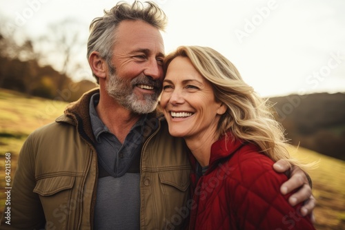 Middle aged caucasian couple living on a farm in the countryside smiling portrait