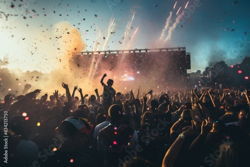 Massive crowd dancing at an edm music festival photo
