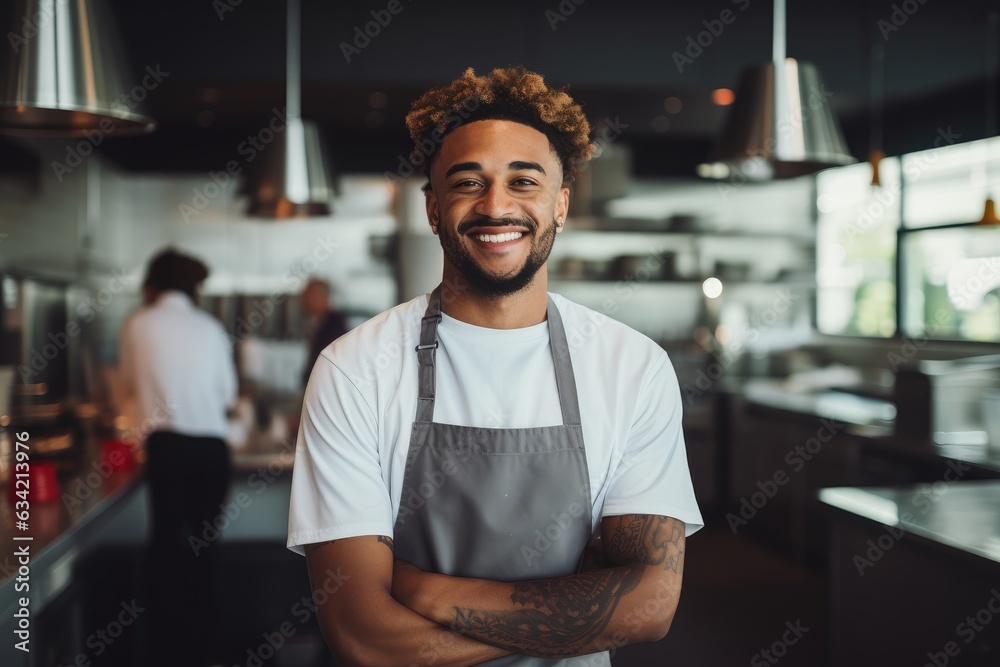 Portrait of a young male african american chef working in a restaurant kitchen smiling Portrait of a young male african american chef working in a restaurant kitchen smiling
