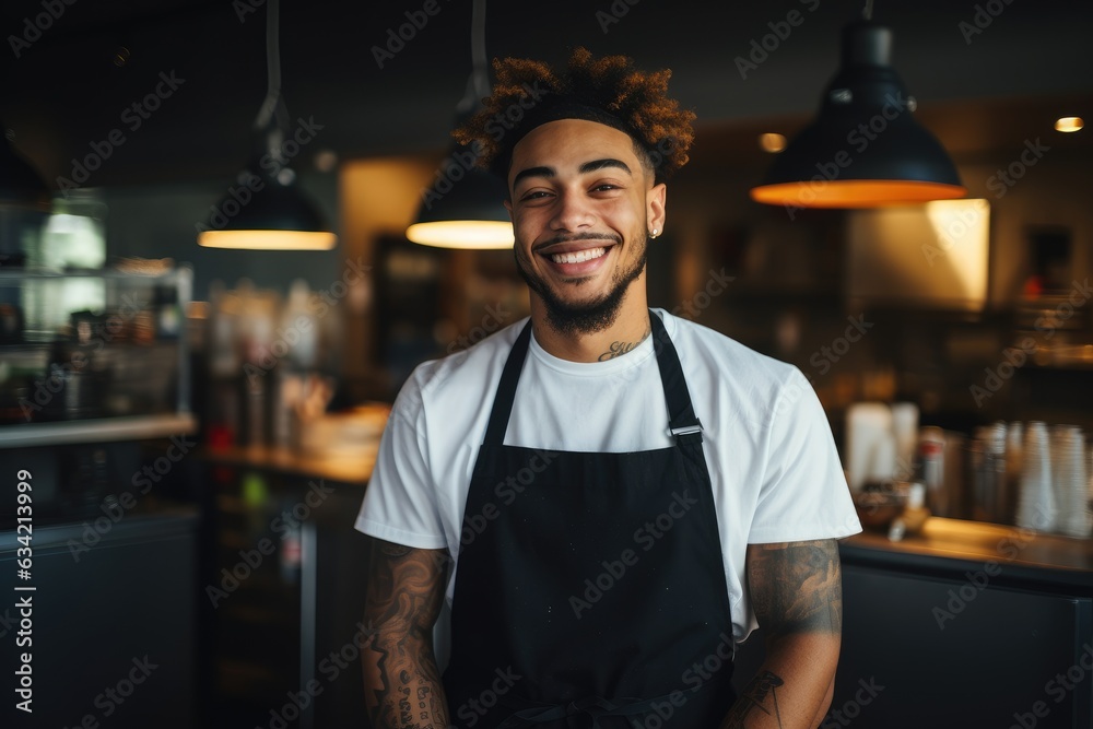 Portrait of a young male african american chef working in a restaurant kitchen smiling Portrait of a young male african american chef working in a restaurant kitchen smiling