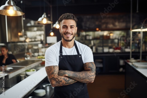 Fototapeta Naklejka Na Ścianę i Meble -  Young male caucasian chef working in a restaurant kitchen smiling portrait