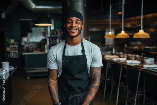 Portrait of a young male african american chef working in a restaurant kitchen smiling
