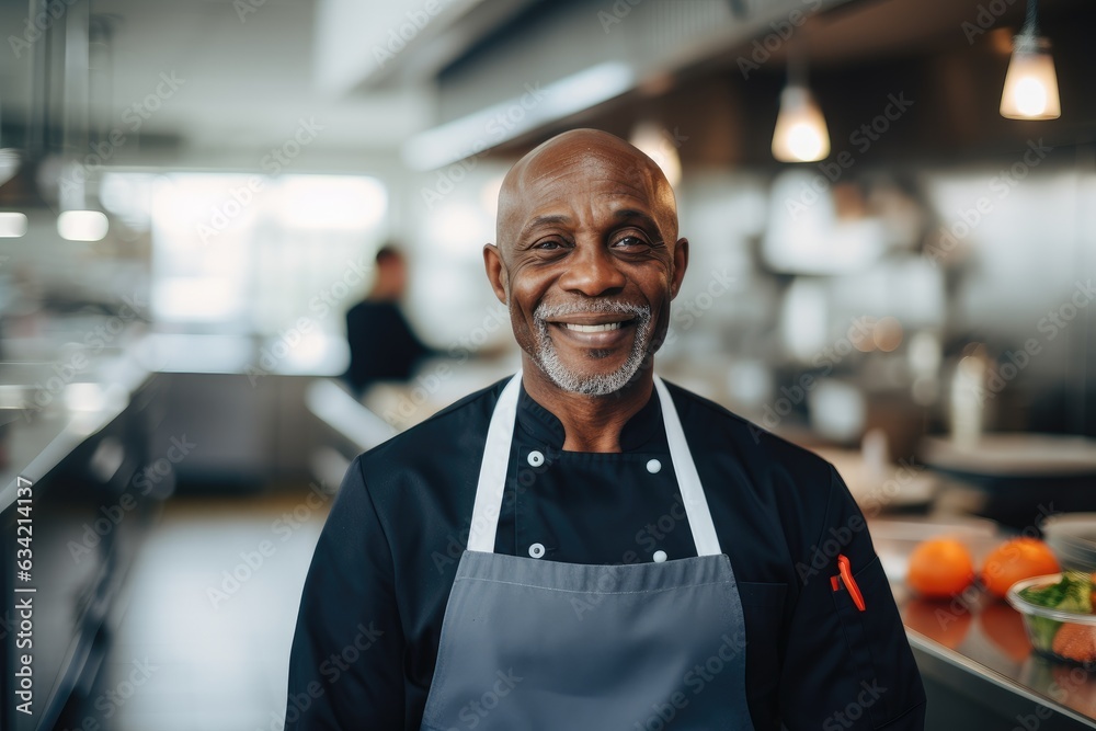 Middle aged african american chef working in a restaurant kitchen Middle aged african american chef working in a restaurant kitchen