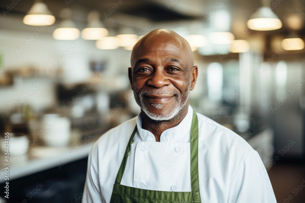Middle aged african american chef working in a restaurant kitchen Middle aged african american chef working in a restaurant kitchen