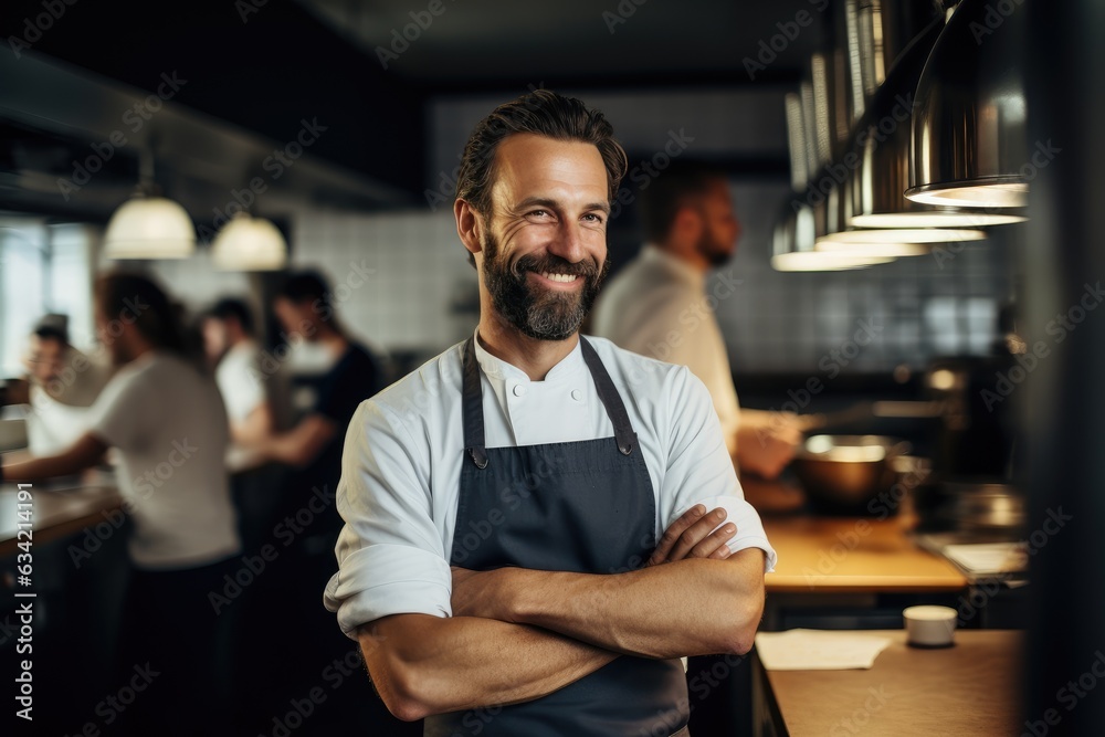 Middle aged british caucasian chef working in a restaurant kitchen smiling portrait Middle aged british caucasian chef working in a restaurant kitchen smiling portrait