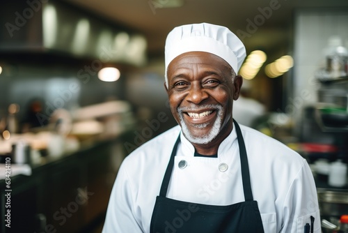 Middle aged african american chef working in a restaurant kitchen photo