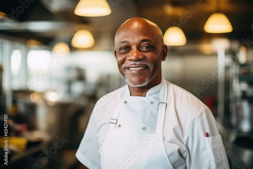 Middle aged african american chef working in a restaurant kitchen photo