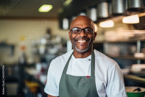 Middle aged african american chef working in a restaurant kitchen photo