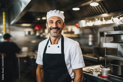Middle aged british caucasian chef working in a restaurant kitchen smiling portrait