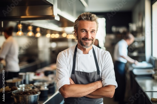 Middle aged british caucasian chef working in a restaurant kitchen smiling portrait