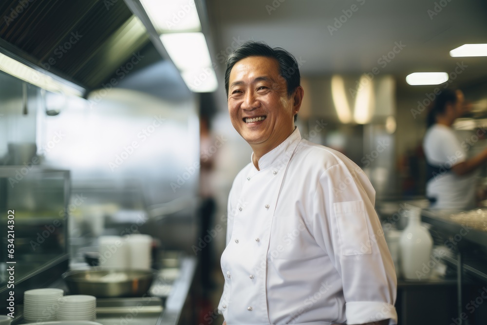Obraz premium Middle aged korean chef working in a restaurant kitchen smiling portrait