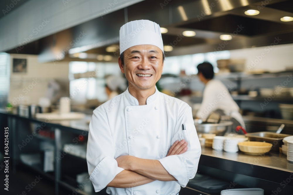 Middle aged japanese chef working and preparing food in a restaurant kitchen smiling portrait