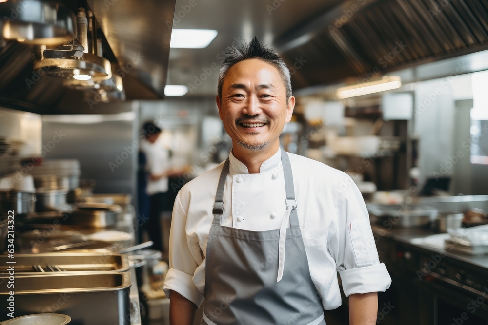 Middle aged chinese chef working and preparing food in a restaurant kitchen smiling portrait Middle aged chinese chef working and preparing food in a restaurant kitchen smiling portrait