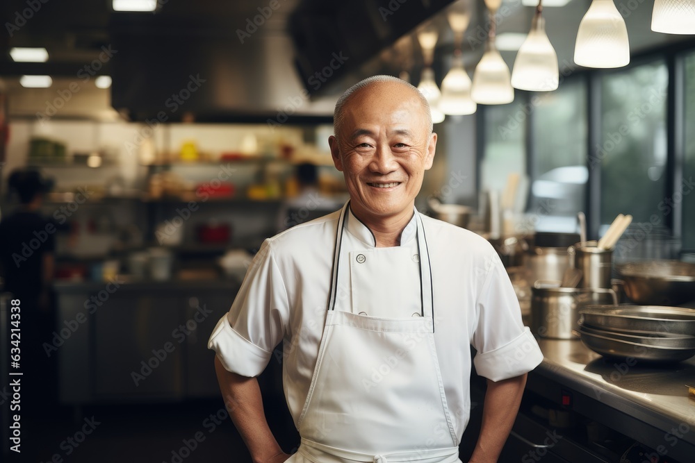 Fototapeta premium Middle aged chinese chef working and preparing food in a restaurant kitchen smiling portrait
