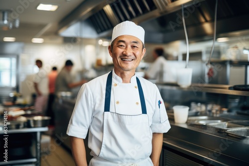 Fotografia, Obraz Middle aged japanese chef working and preparing food in a restaurant kitchen smi
